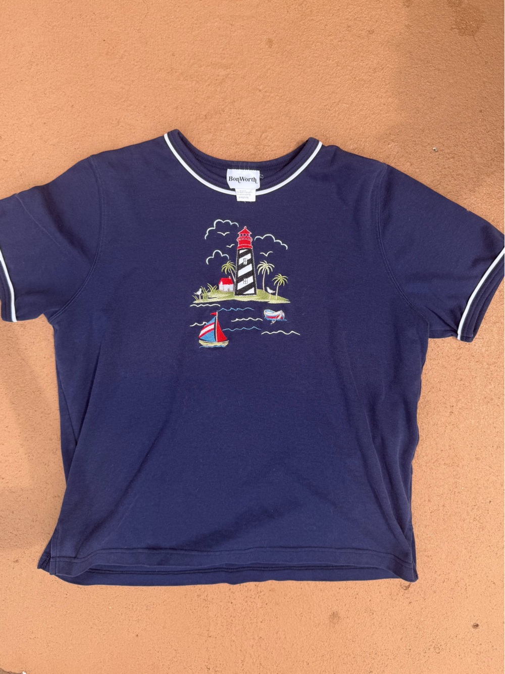 BonWorth Navy Short-Sleeve Tee with Nautical Lighthouse Embroidery